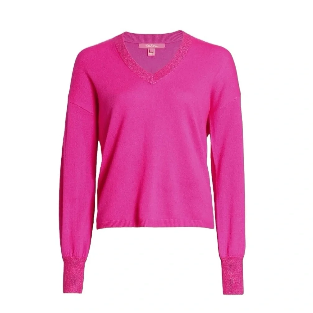 Lilly Pulitzer Jasmina Pink Cashmere V-Neck Sweater Size Large